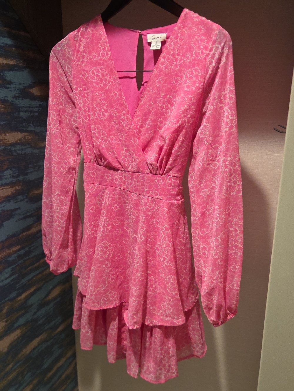 Japna Pink Floral Surplice Long Sleeve Ruffled Dress